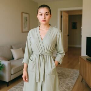 Eileen Fisher Sleepwear by Garnet Hill Oragnic Cotton Robe Large Gray W/ Pockets